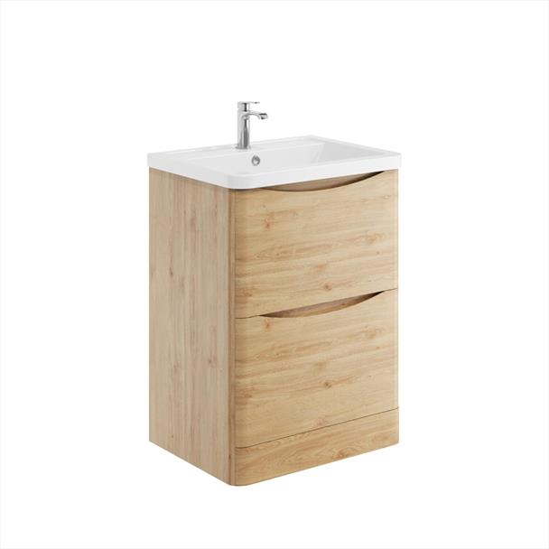 Belle 600mm Floor Standing Unit with White Basin - Davos Oak
