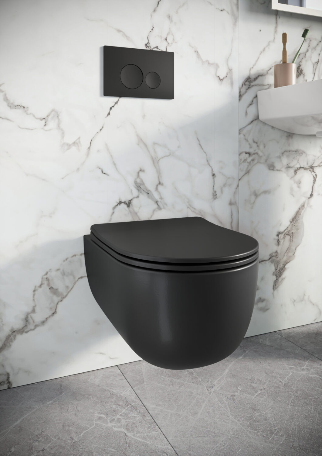 Rivera Rimless Round Wall Hung Pan Including Soft Close Seat - Matte Black