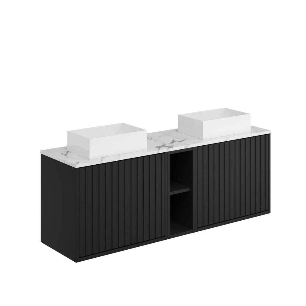 Albie 1400mm Wall Hung Double Vanity Unit with Fluted Doors, Carrara Worktop & 2 Countertop Basins - Matte Black