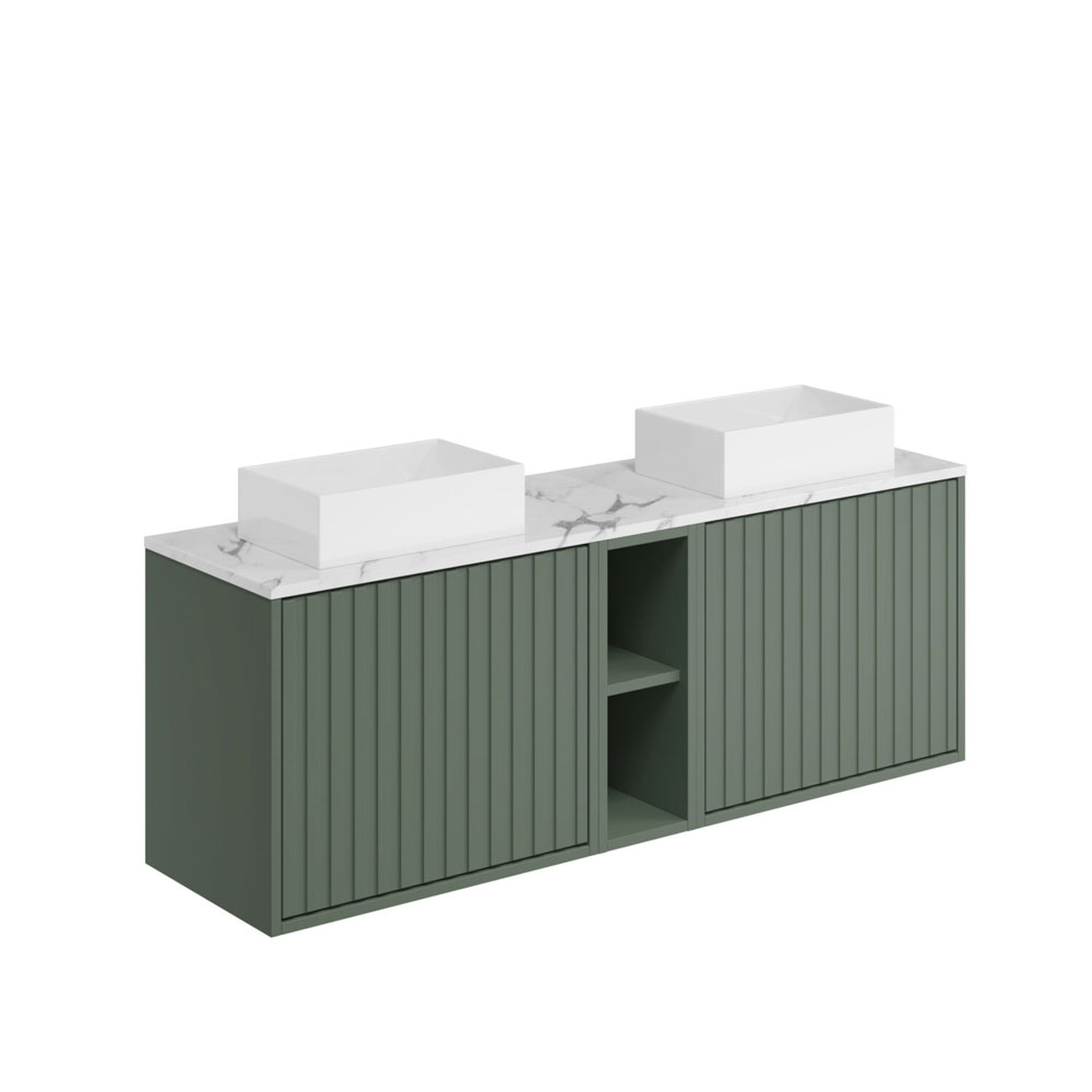 Albie 1400mm Wall Hung Double Vanity Unit with Fluted Doors, Carrara Worktop & 2 Countertop Basins - Reed Green