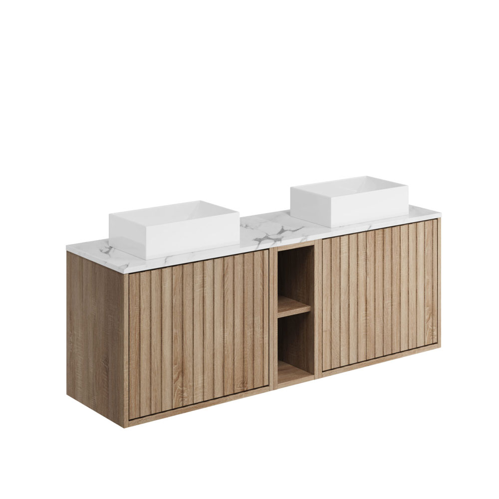 Albie 1400mm Wall Hung Double Vanity Unit with Fluted Doors, Carrara Worktop & 2 Countertop Basins - Sonamo Oak