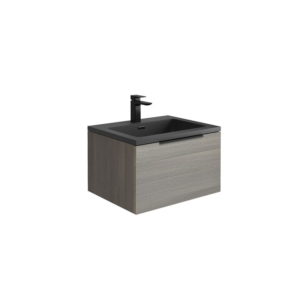 Ambi 600mm LED Wall Hung Vanity Unit with White Basin - Grey Oak