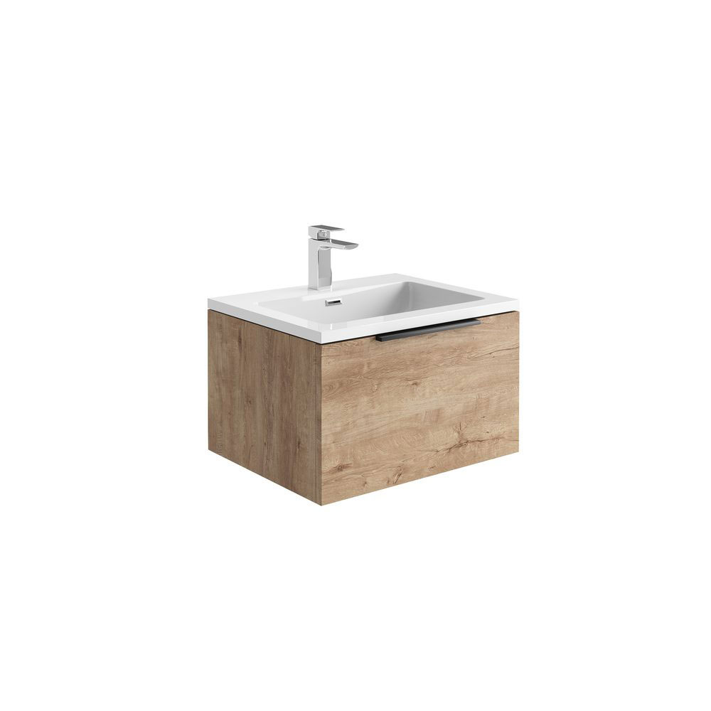 Ambi 600mm LED Wall Hung Vanity Unit with White Basin - Rustic Oak