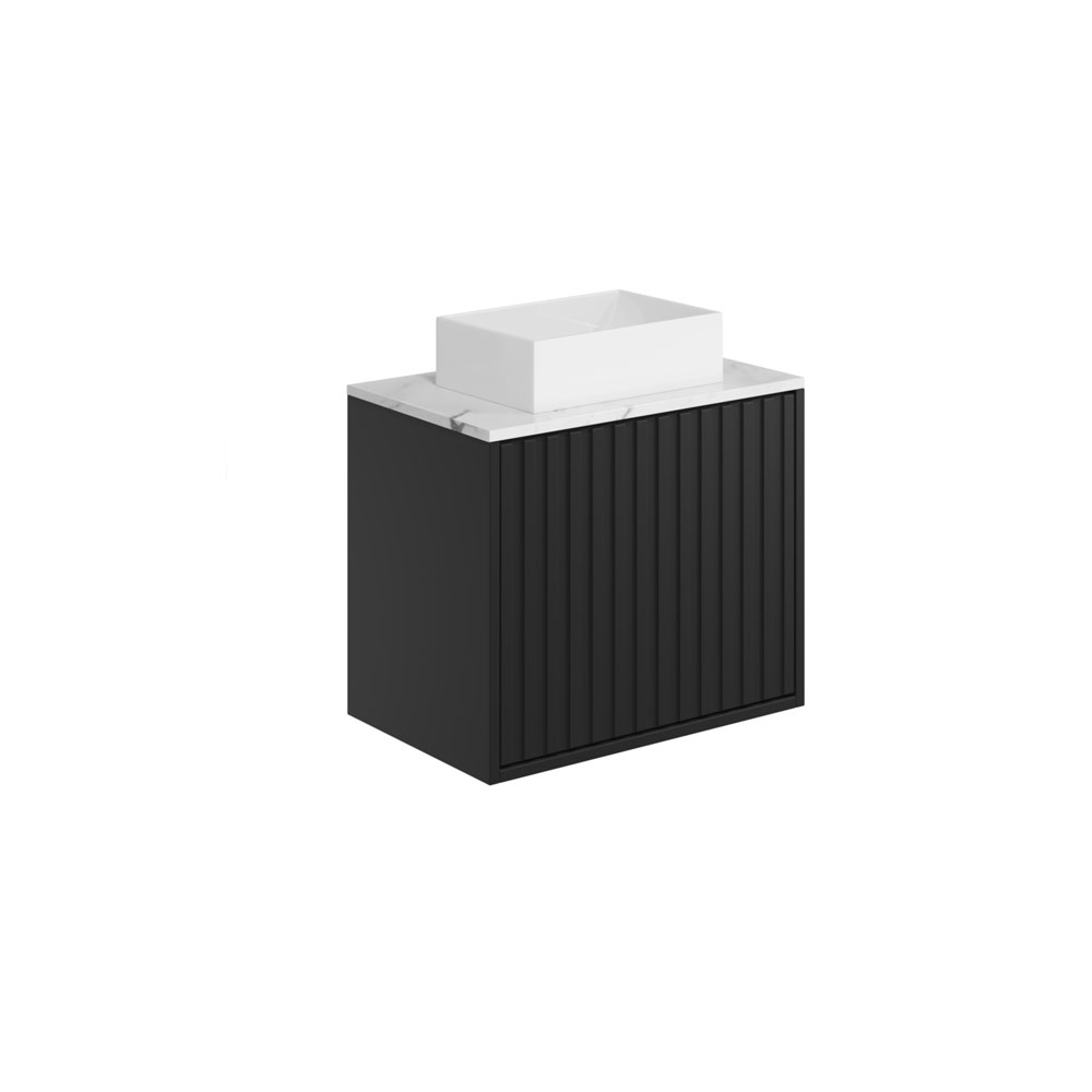 Albie 600mm Wall Hung Cabinet with Fluted Door, Carrara Worktop & Countertop Basin - Matte Black