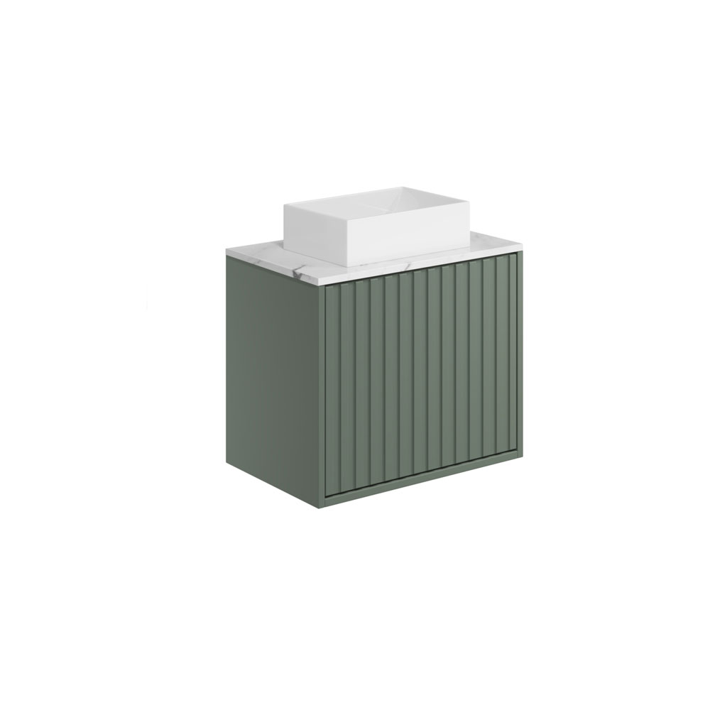 Albie 600mm Wall Hung Cabinet with Fluted Door, Carrara Worktop & Countertop Basin - Reed Green 