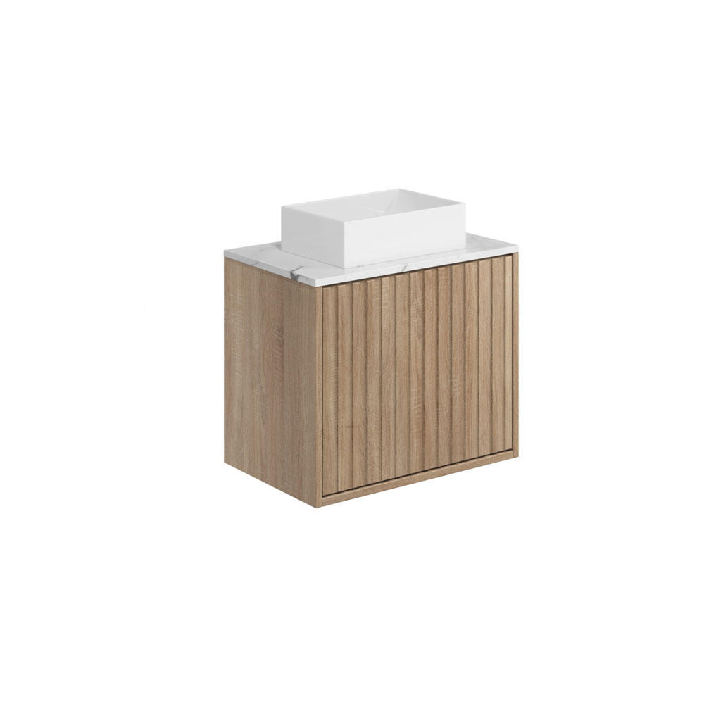 Albie 600mm Wall Hung Cabinet with Fluted Door, Carrara Worktop & Countertop Basin - Sonamo Oak