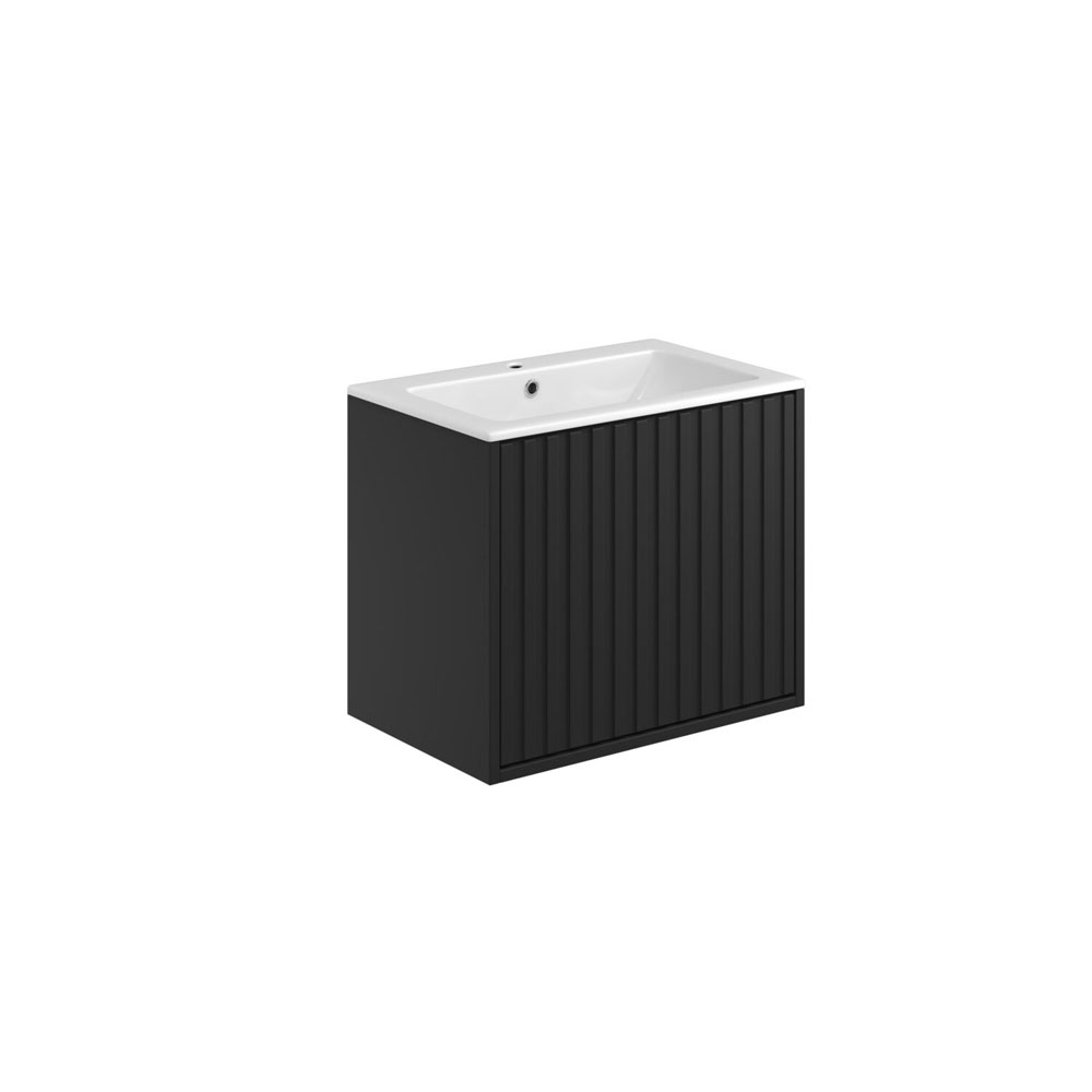 Albie 600mm Wall Hung Cabinet with Fluted Door & White Basin - Matte Black