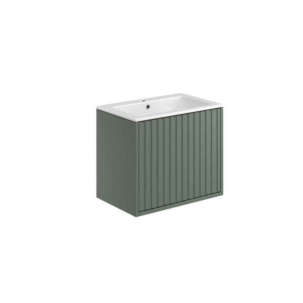 Albie 600mm Wall Hung Cabinet with Fluted Door & White Basin - Reed Green