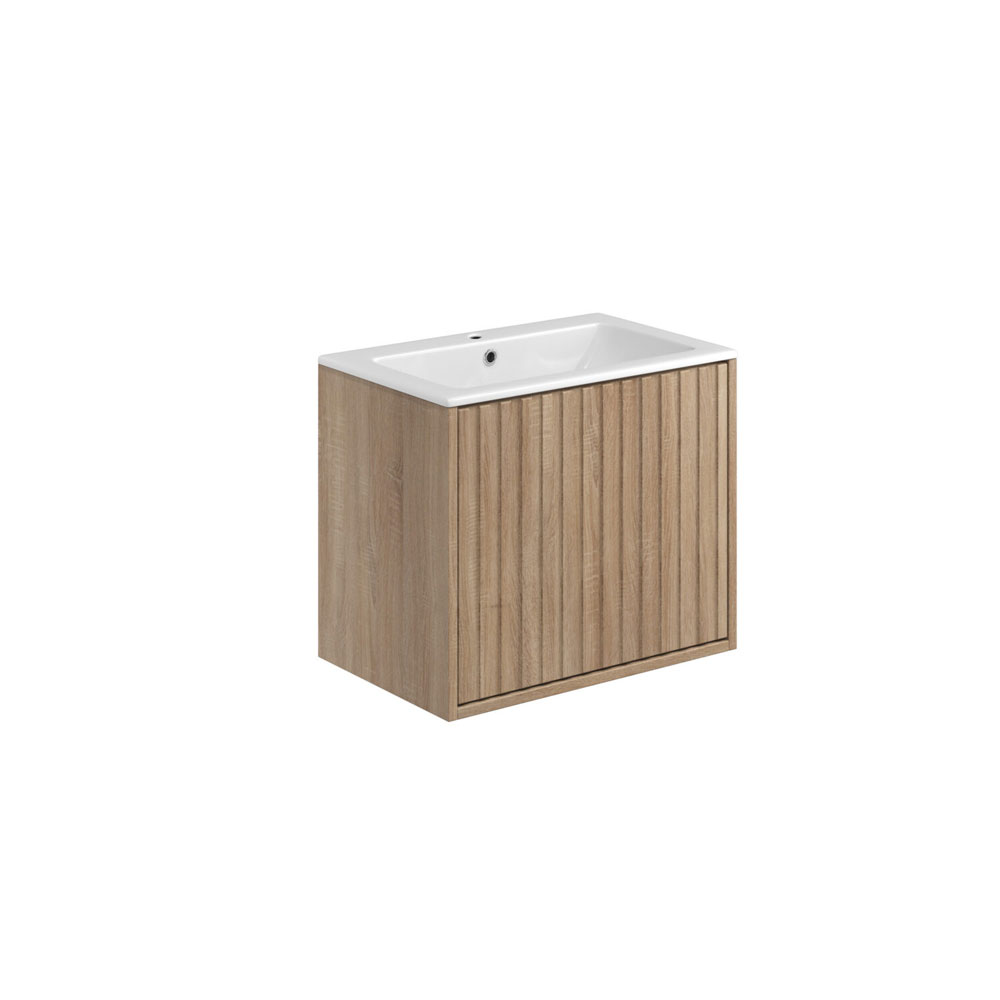 Albie 600mm Wall Hung Cabinet with Fluted Door & White Basin - Sonamo Oak