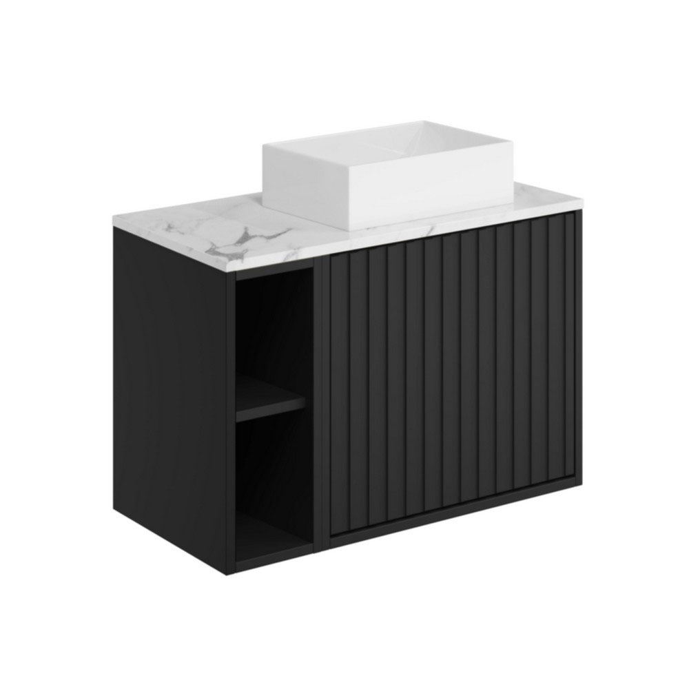 Albie 800mm Wall Hung Cabinet with Fluted Door, Side Storage, Carrara Worktop & Countertop Basin - Matte Black 