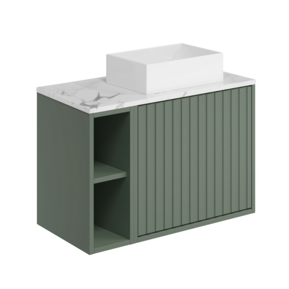 Albie 800mm Wall Hung Cabinet with Fluted Door, Side Storage, Carrara Worktop & Countertop Basin - Reed Green 