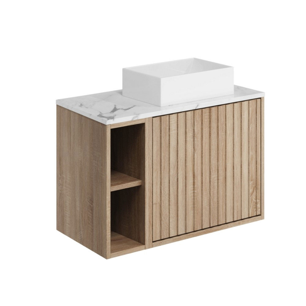 Albie 800mm Wall Hung Cabinet with Fluted Door, Side Storage, Carrara Worktop & Countertop Basin - Sonamo Oak 