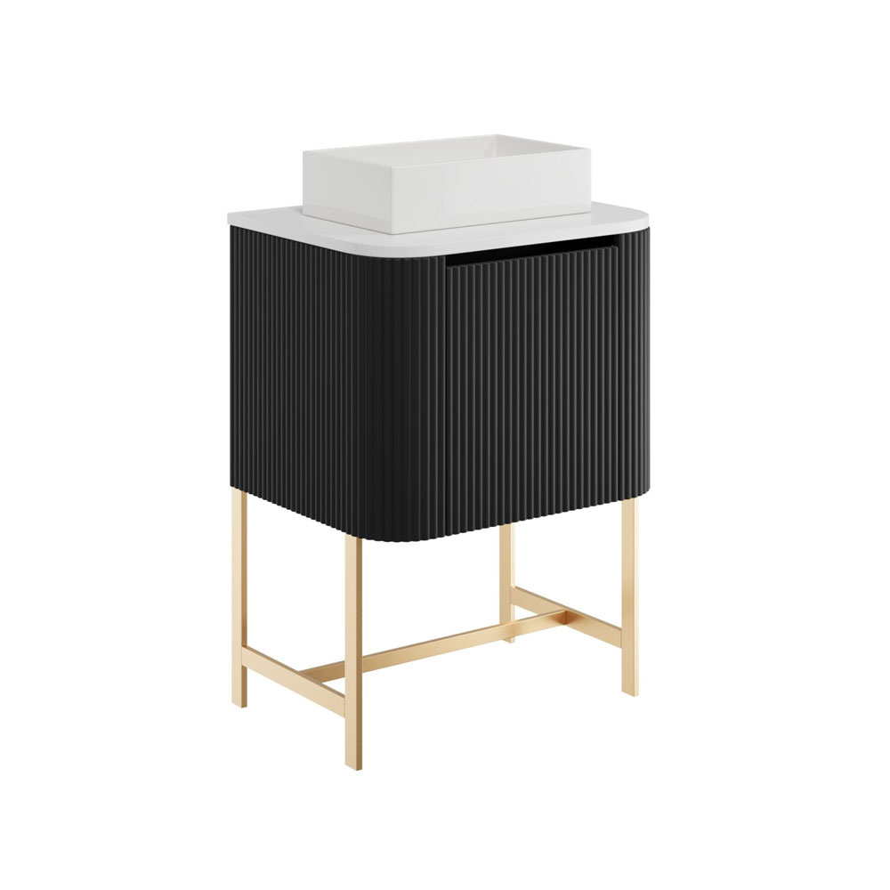 Fluted Curve 600mm Cabinet, Brushed Brass Legs with Countertop & 420mm Basin - Matt Black