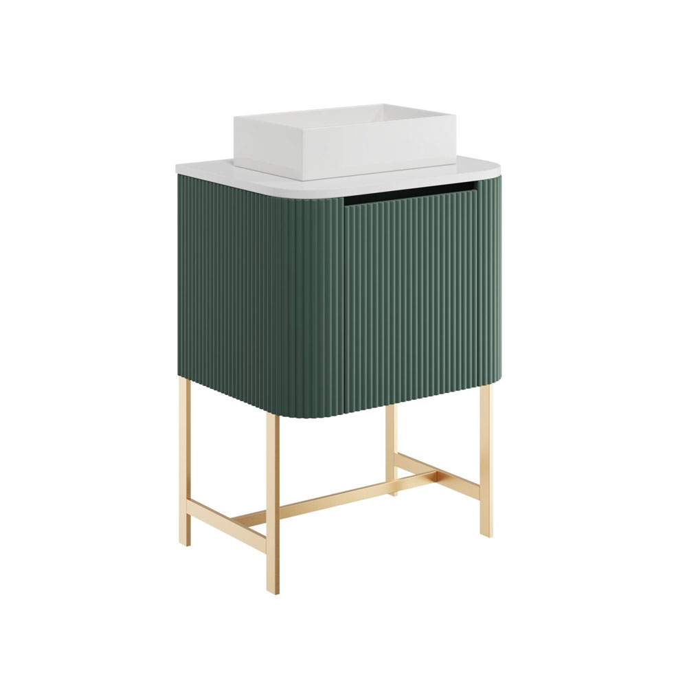 Fluted Curve 600mm Cabinet, Brushed Brass Legs with Countertop & 420mm Basin - Reed Green 