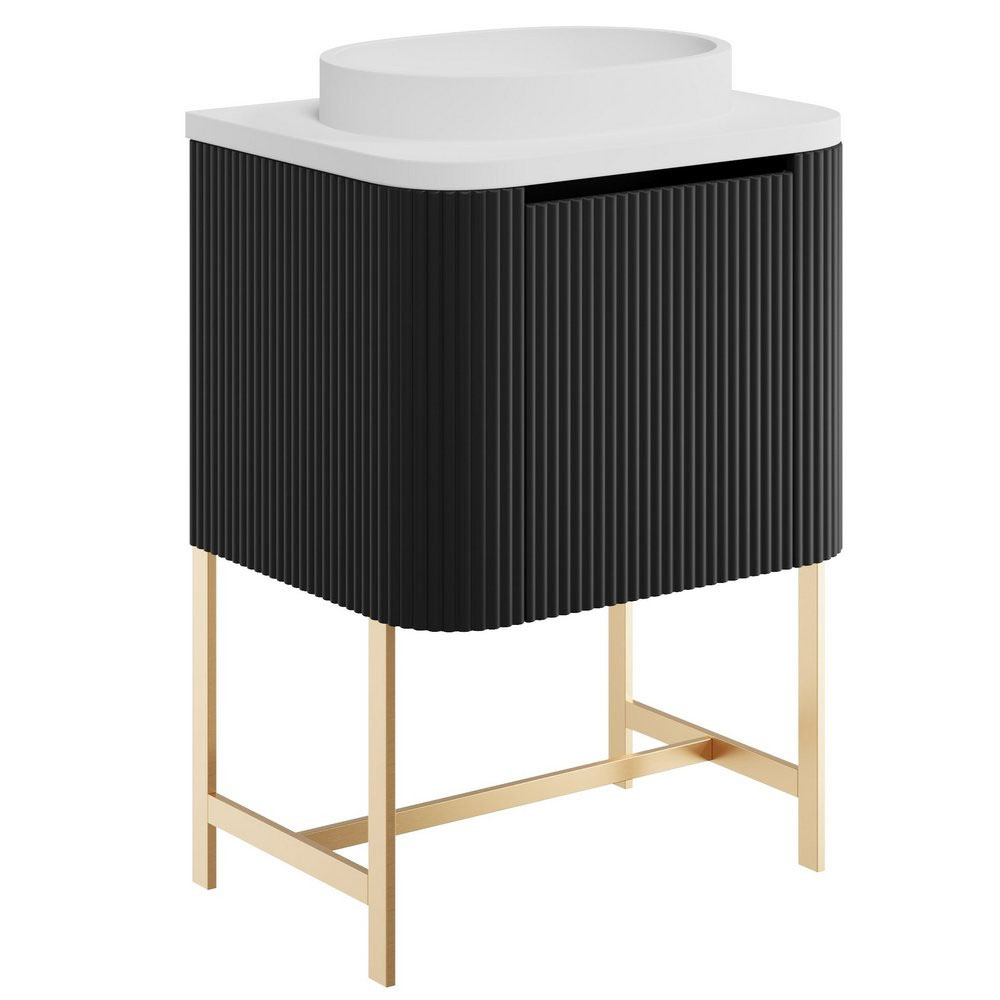Fluted Curve 600mm Cabinet, Brushed Brass Legs with Countertop & Oval Basin - Matt Black