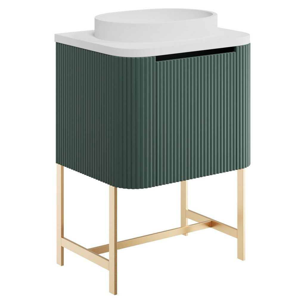 Fluted Curve 600mm Cabinet, Brushed Brass Legs with Countertop & Oval Basin - Reed Green 