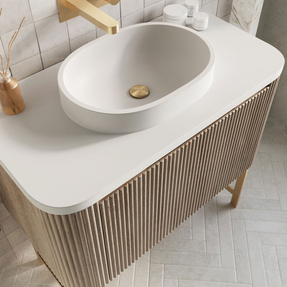 Fluted Curve 600mm Cabinet, Brushed Brass Legs with Countertop & Oval Basin -Sonoma Oak