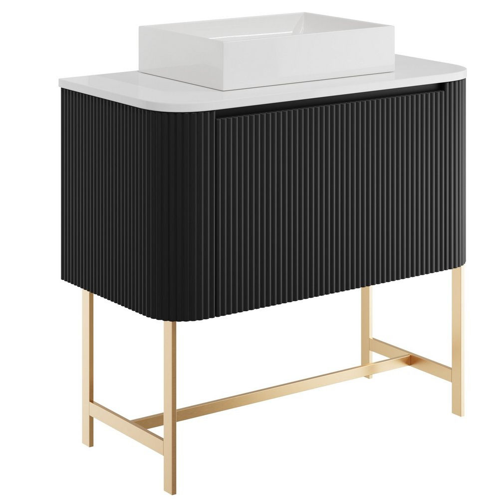 Fluted Curve 900mm Cabinet, Brushed Brass Legs with Countertop & 420mm Basin - Matt Black