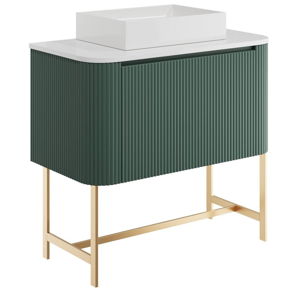 Fluted Curve 900mm Cabinet, Brushed Brass Legs with Countertop & 420mm Basin - Reed Green 
