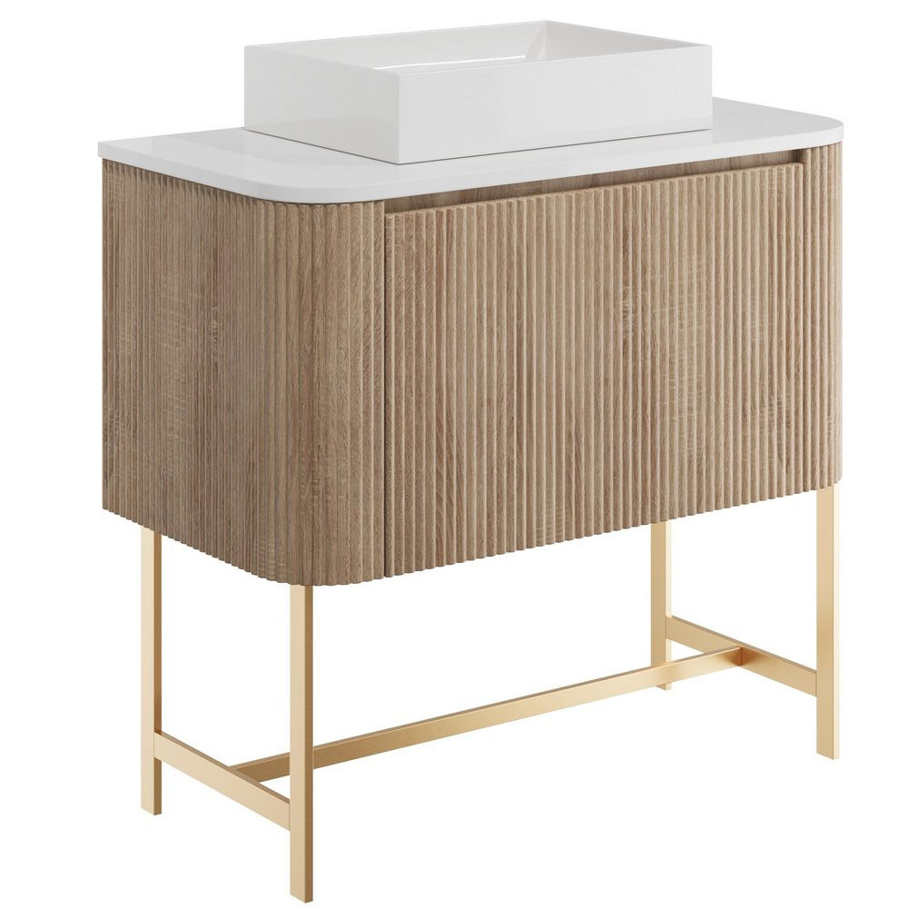 Fluted Curve 900mm Cabinet, Brushed Brass Legs with Countertop & 420mm Basin - Sonoma Oak 