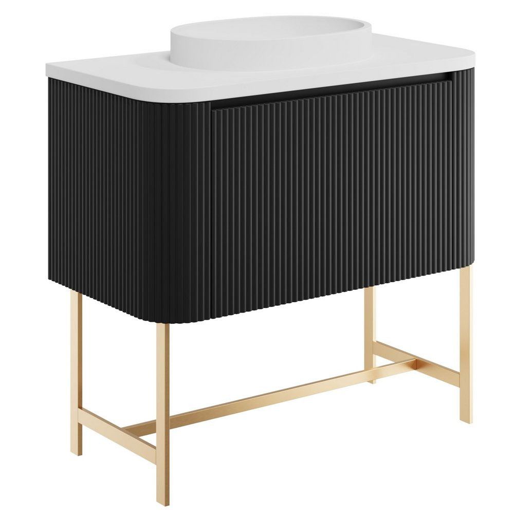 Fluted Curve 900mm Cabinet, Brushed Brass Legs with Countertop & Oval Basin - Matt Black