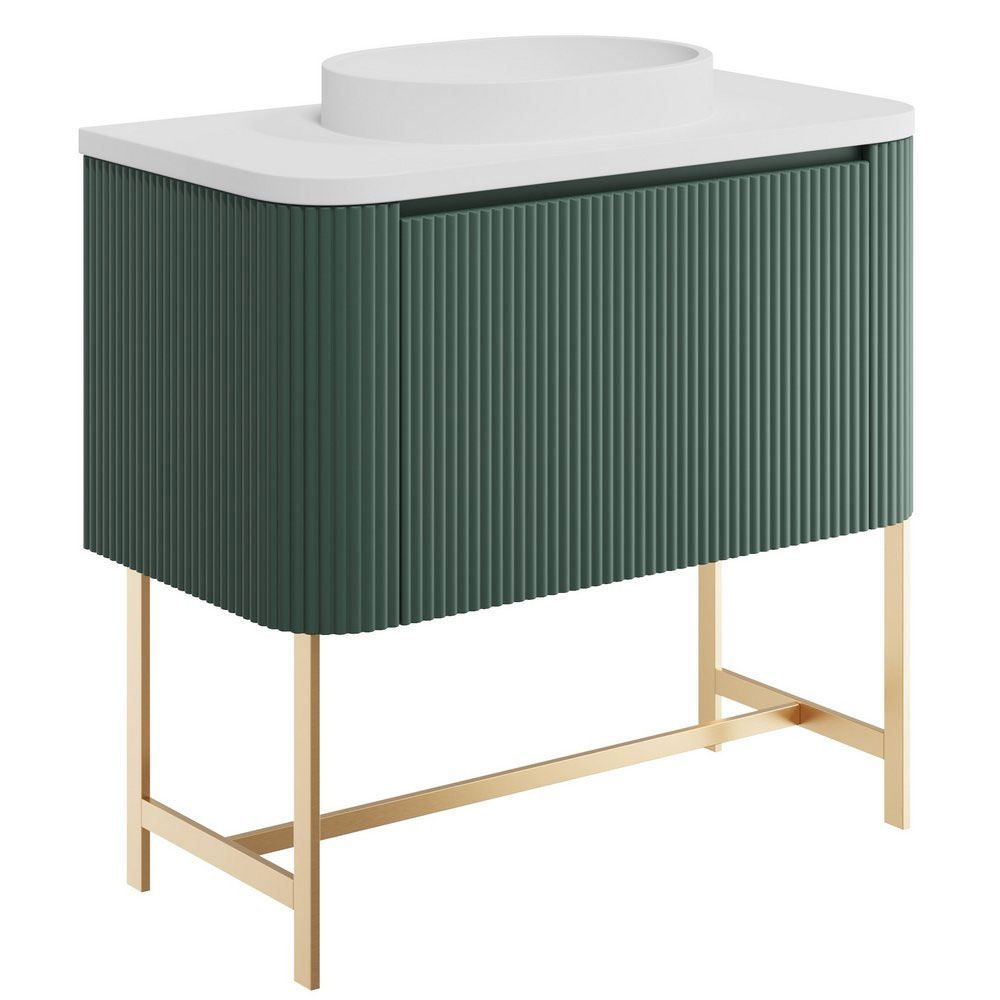 Fluted Curve 900mm Cabinet, Brushed Brass Legs with Countertop & Oval Basin - Reed Green 