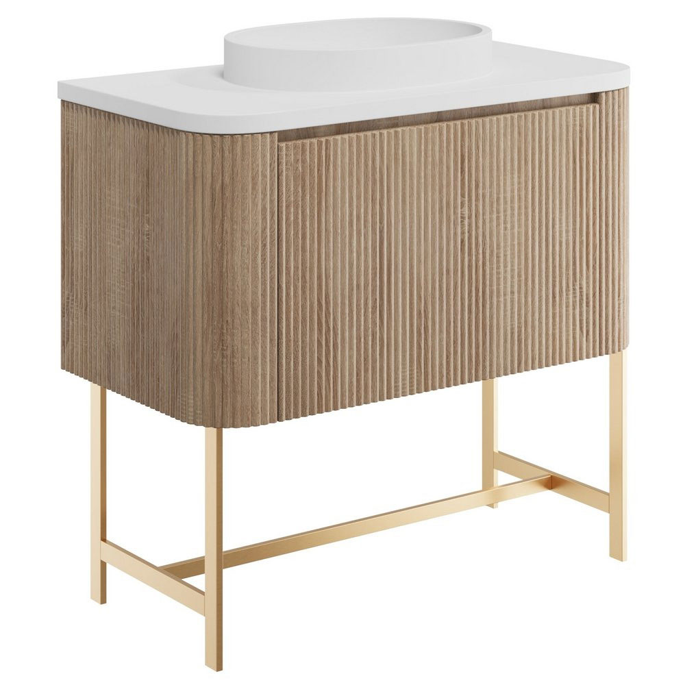 Fluted Curve 900mm Cabinet, Brushed Brass Legs with Countertop & Oval Basin - Sonoma Oak