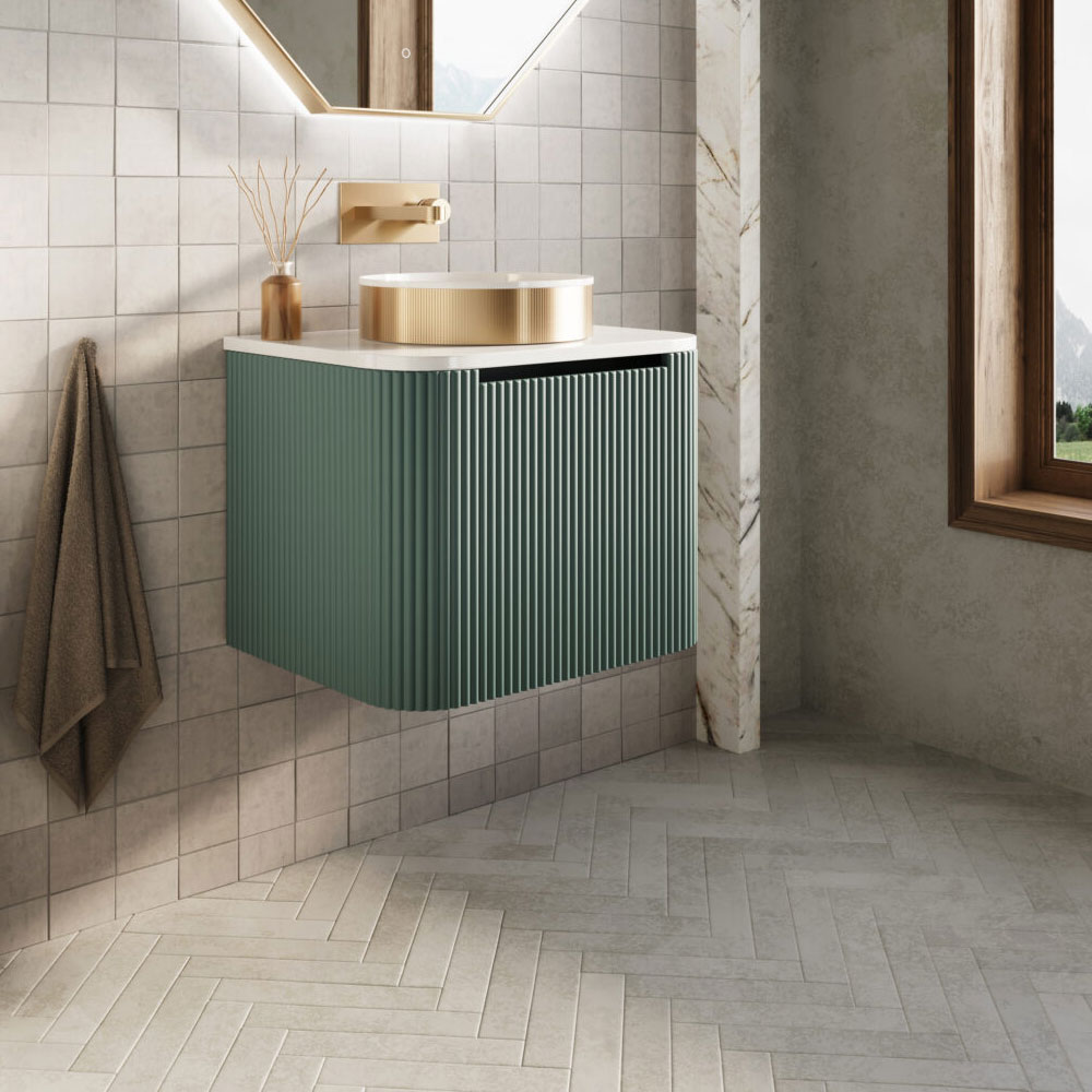 Fluted Curve 600mm Wall Hung Vanity Unit with Countertop & Basin - Reed Green 