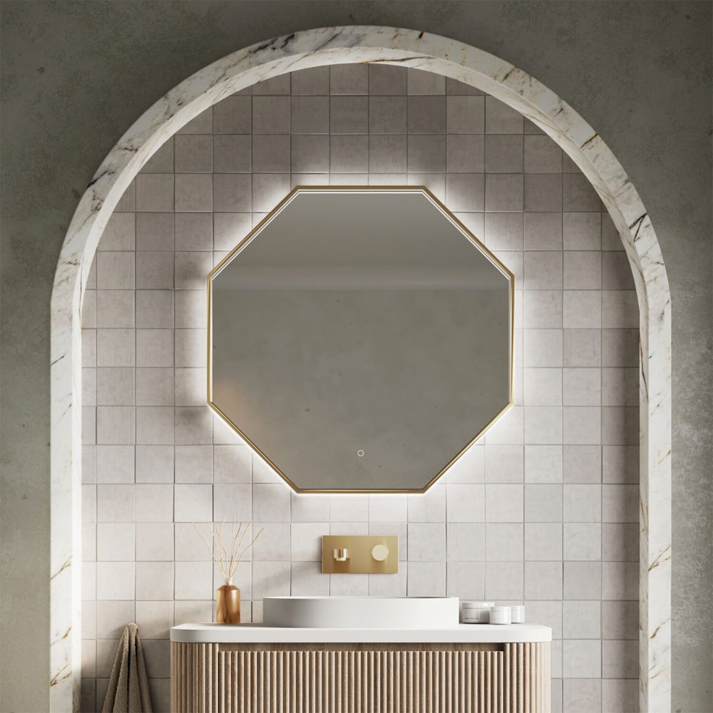 Octagon 600x600mm Brushed Brass LED Mirror 