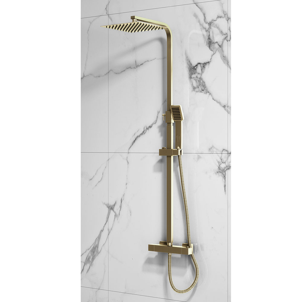 Elli Brushed Brass Square Twin Head Rigid Riser Shower